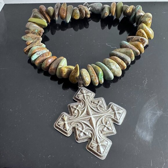 Crescent Valley Turquoise Choker Necklace Sterling Silver Maltese Cross 925 - Picture 9 of 10